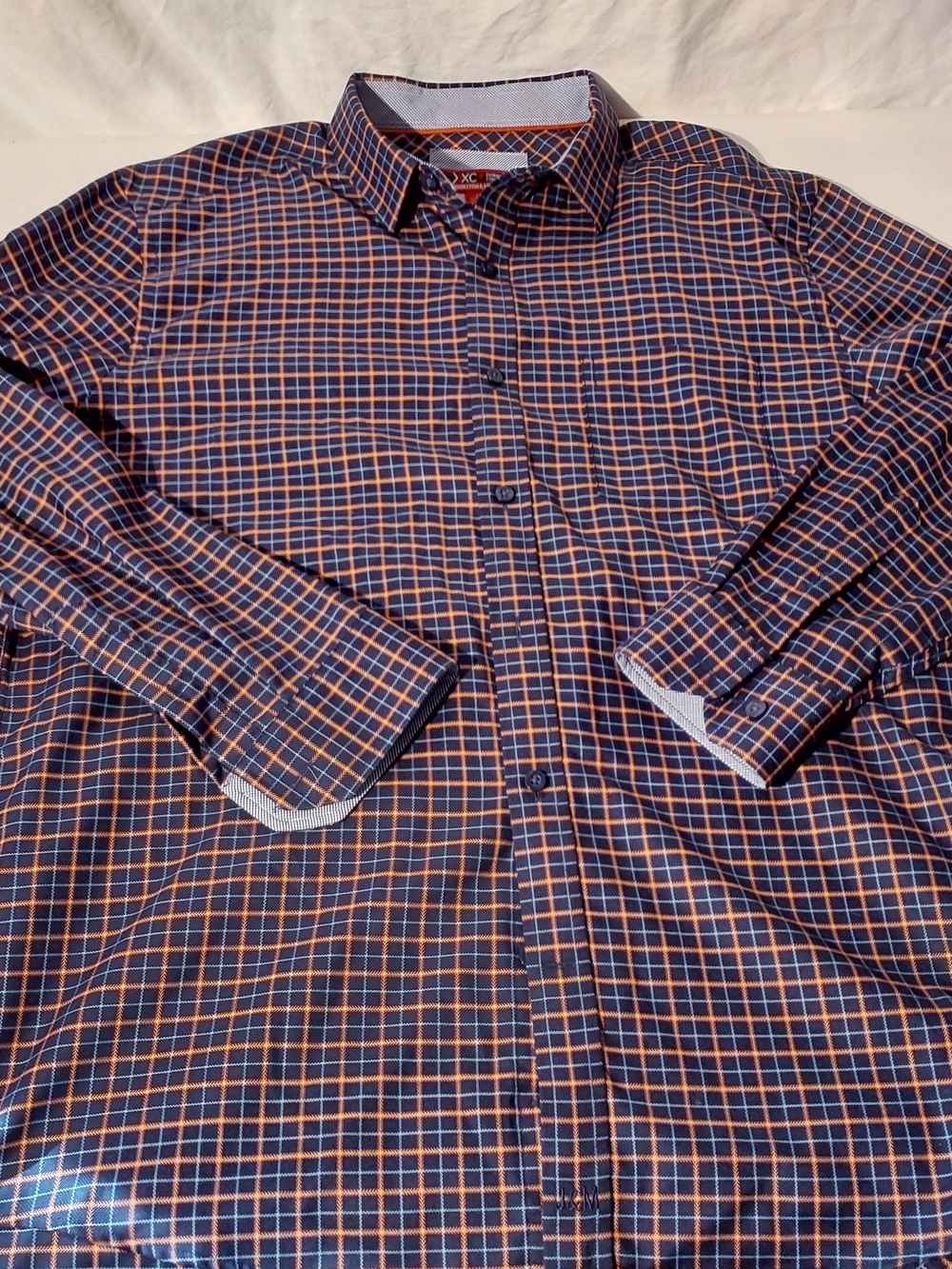 Large Johnston & Murphy Navy and Orange Check Button-Down Shirt